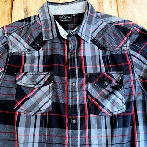 Burnside Western Shirt Black Snaps Plaid Topstitching Men's M Red Gray